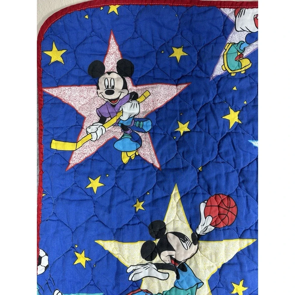 Vintage Disney Mickey Mouse Sports Quilted Crib Blanket 52x39 Blue Stars